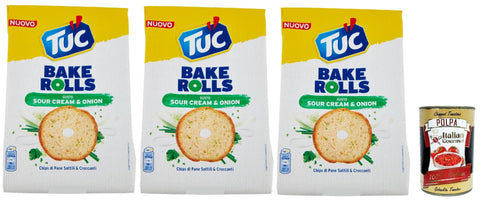 Tuc Bake Rolls, Chips di Pane Sottile e Croccante gusto Sour Cream & Onion, Oven Baked, Thin and Crispy Sour Cream and Onion Bread Chips 3 x 150 g + Italian Gourmet Polpa 400 g