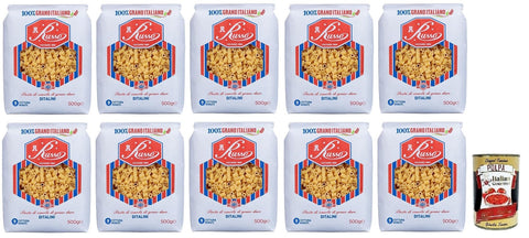 10x Russo Ditalini N°112 Durum Wheat Semolina Pasta, 100% Italian Wheat, 500 g Pack + Italian Gourmet Polpa di Pomodoro 400 g Tin