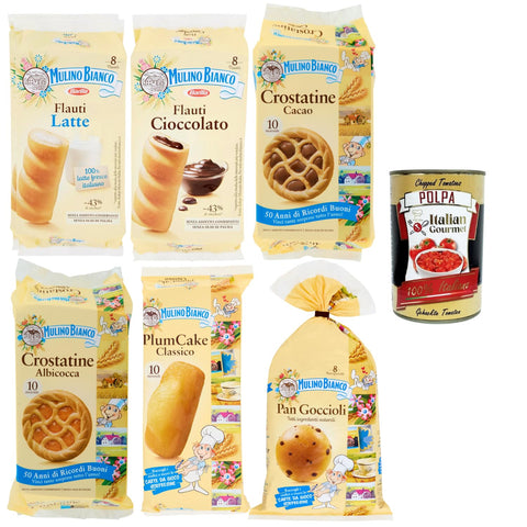 Mulino Bianco Test Pack 6 Varieties - Flauti Latte, Flauti Cioccolato, Crostatine Cacao & Apricot, PlumCake Classico, Pan Goccioli - Breakfast & Snack + Italian Gourmet Polpa