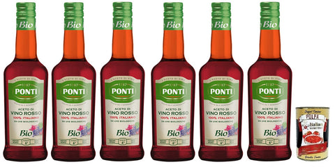 6 x Ponti Aceto di Vino Rosso Organic Red Wine Vinegar Vinegar Acid 6%, Made from 100% Italian Organic Grapes, Glass 500 ml + Italian Gourmet Polpa di Pomodoro 400 g Tin
