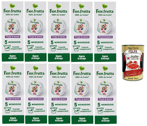 Rigoni di Asiago Fior di Frutta Confettura Frutti di Bosco 5 Monodosi Fior di Frutta Wild Berry Jam 5 Single Cans 10 x 100 g + Italian Gourmet Polpa di Pomodoro 400 g