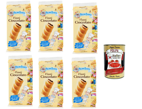 Mulino Bianco Flauti Cioccolato 6 x 280 g Soft Chocolate Rolls Italian Breakfast Pastry Family Pack Supply Sweet Snack + Italian Gourmet Polpa