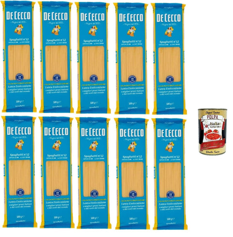 De Cecco Spaghetti No. 12, Italian Durum Wheat Semolina Pasta, 10 Packs x 500 g, 5 kg Total, + Italian Gourmet Polpa 400 g