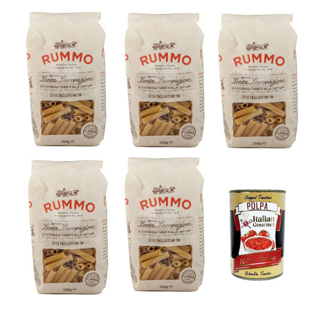 Rummo Ziti Tagliati n° 36 Pasta Lenta Lavorazione Pasta Made of Durum Wheat Semolina Bronze Drawing 5 x 500 g + Italian Gourmet Polpa 400 g