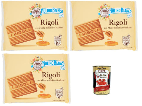 Mulino Bianco Rigoli Biscotti with Miele Millefiori Italiano, Biscuits with Italian Millefiori Honey, Biscuits Cookies, 3 x 800 g + Italian Gourmet Polpa 400 g