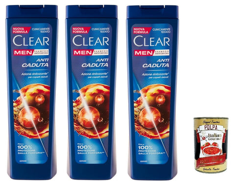 Clear Anti Caduta Men Shampoo for Weak Hair - Shampoo Against Hair Loss 3 x 225 ml + Italian Gourmet Polpa 400 g