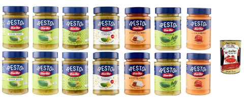 Barilla Box for Pesto, 14 Jars x 190 g, Genoese, Basil and Pistachio, Ricotta and Nuts, Rucola, Calabres, Basil and Lemon, Genuese without Garlic, + Italian Gourmet Polpa 400g