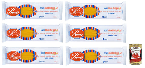 6 x Russo Vermicelli N°70 Durum Wheat Semolina Pasta, 100% Italian Wheat, 500 g Pack + Italian Gourmet Polpa di Pomodoro 400 g Tin