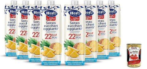Hero Light Fruit Drink Pineapple Flavour, Juice with Very Few Calories by Portion, No Added Sugar, Zero Preservatives, Dyes, 8 Bottles 1 Litre + Italian Gourmet Polpa 40g0