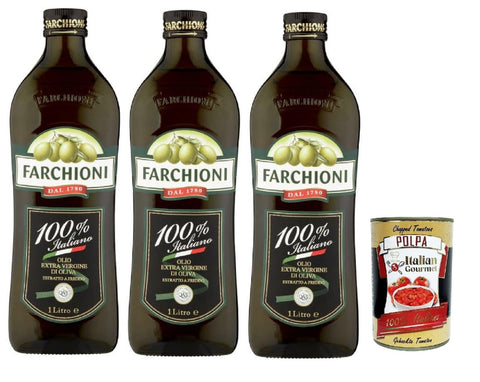 Farchioni Extra Vergine Olive Oil 100% Italiano, 1 Litre, Pack of 3, with Italian Gourmet Polpa 400 g