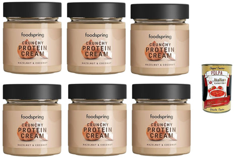 Foodspring Coconut Crisp Crema Proteica al Crunchy Cocco e Nocciola Croccante, Protein Cream, Crispy Coconut and Hazelnut without Palm Oil, 6 x 200 g + Italian Gourmet Polpa di Pomodoro 400 g Tin