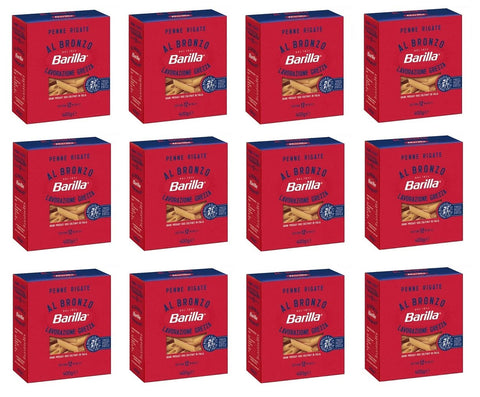 12 x Barilla Penne Rigate al Bronzo Bronze Drawn Pasta, 400 g, Raw Processing Method