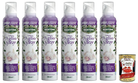 6 x Fratelli Mantova Condimento all'Aglio, Spray Virgin Olive Oil Extra Garlic Flavoured, Italian Spray Oil 250 ml + Italian Gourmet Polpa di Pomodoro 400 g Tin