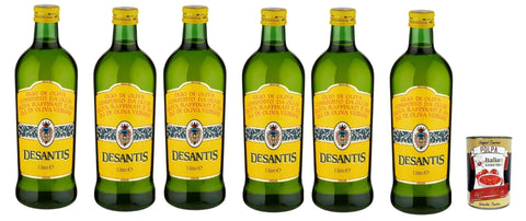Desantis Olive Oil Blend of Refined & Virgin Olive Oil - 6 × 1 Litre Glass Bottles - Mild & Versatile for Cooking, Roasting & Baking - Italian Quality - + Italian Gourmet Polpa