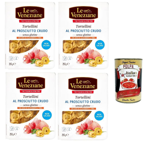 4 x Le Veneziane Tortellini Prosciutto Crudo Senza Glutine, Raw Ham Tortellini Gluten Free, Pasta Noodles Gluten-Free 250 g + Italian Gourmet Polpa 400 g
