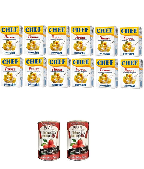 12 x Parmalat Panna chef cream per cucinare cooking cream for chef 200 ml + Italian gourmet 100% Italian peeled tomato tins 2 x 400 g