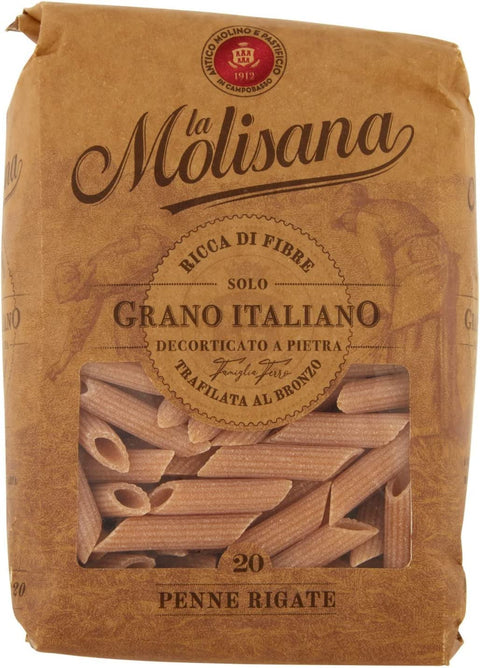 La Molisana Pasta Integrale Penne Rigate n°20 Whole Grain Pasta, 100% Italian Wheat, Bronze Paste 500g Pack + Italian Gourmet Polpa di Pomodoro 400g Tin