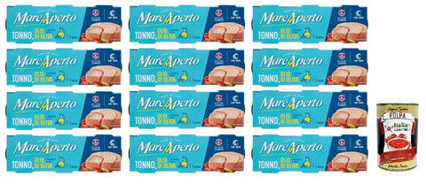 Mare Aperto Tuna in Olive Oil, Wild Caught 70 g Cans, Pack of 12, Made in Italy + Italian Gourmet Polpa 400g
