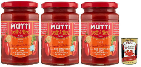 Mutti Sugo di pomodori con pomodoro datterino e olio extra virgin d'oliva, tomato sauce with datterino tomatoes and extra virgin olive oil, 3 x 280 g + Italian Gourmet polpa 400 g