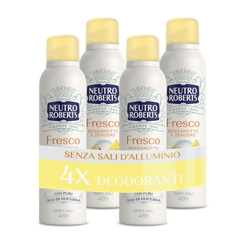 Neutro Roberts Deodorant Spray Fresh Yellow, Bergamot and Ginger, Zero Aluminium Salts, Zero Stains, with Pure Glycerin Oil, Men and Women, Dermatologically Tested, 48h - 4 Pieces of 150 ml