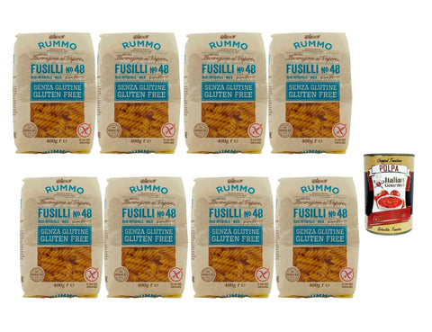 Rummo Fusilli No.48 Gluten-Free Pasta Made from Whole Grain Rice & Corn, 8 x 400 g, Bronze Die, Italian Quality, Perfect Bite-Resistant & Sauce Binding + Italian Gourmet Polpa