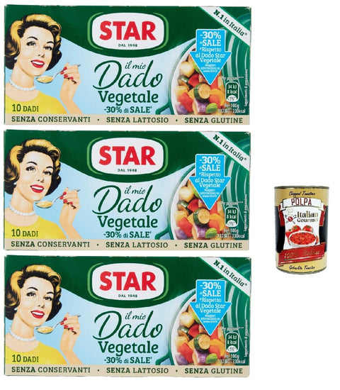 Star il mio Dado Vegetale -30% di Sale 10 Dadi, Soup Cube Broth with 9 Vegetables Rich in Flavour with -30% Salt, 3x 100 g + Italian Gourmet Polpa 400g