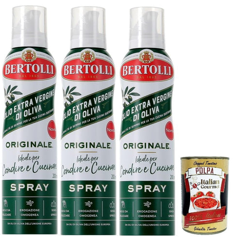 100% Italian Extra Virgin Olive Oil, Cold Pressed 3 x 200 ml - Thanks to the Practical Spray Bottle you can save up to 90% of the oil + Italian Gourmet Polpa 400 g