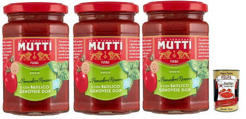 Mutti Sugo di pomodori con pomodoro rossoro e con "Basilico Genovese DOP, Tomato Sauce with Rossoro Tomatoes and with "Genovese Basil Dop", 3x 280g + Italian Gourmet Polpa 400g