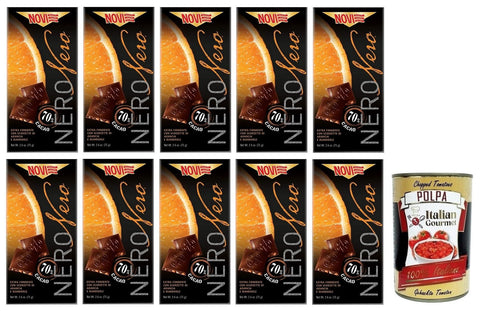 10 x Novi Nero Cioccolato Fondente Arancia e Mandorle, Extra Dark Chocolate with Orange Peel and Almonds, 70% Cocoa, 75 g + Italian Gourmet Polpa di Pomodoro 400 g Tin