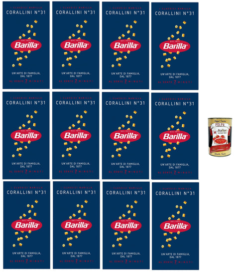 Barilla Corallini N.31 - 12 x 500 g soup pasta made of durum wheat semolina, small tubes for broths and minestrone, al dente in 7 minutes, made in Italy + Italian gourmet polpa