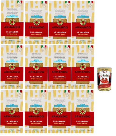 Armando, La Lasagna, Pasta di Semola di Grano Duro di Filiera 100% ItalianoDurum Wheat - Semolina Noodle 100% Italian Supply Chain - Bronze Perforated, 12 x 500 g + Italian Gourmet Polpa 400 g