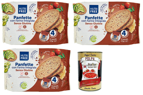 3 x Nutrifree Panfette with Farina Integrale, Gluten-Free Bread with Whole Grain Buckwheat Flour, Pack of 340 g + Italian Gourmet Polpa di Pomodoro 400 g Tin