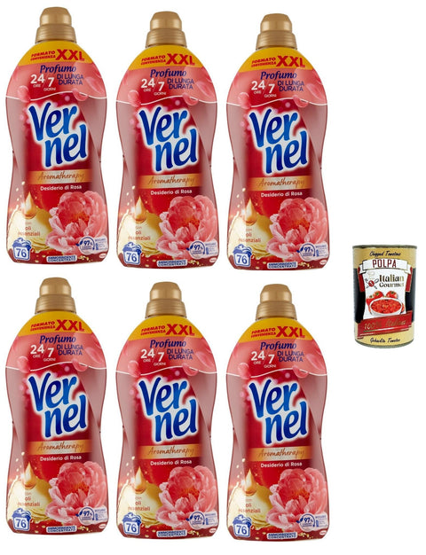 Vernel Aromatherapy Longing for Rose, Fabric Softener in the Washing Machine, Concentrate, Freshly Washed Fragrance, 6 x 1.9 Litre XXL + Italian Gourmet Polpa 400 g