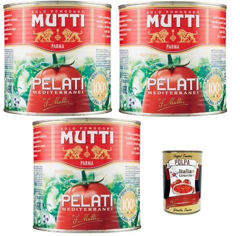Mutti Professional Sugo Pelati Mediterranean Peeled Tomatoes, Medeterrian Style Peeled Tomatoes, 3 x 2.5 kg + Italian Gourmet Polpa 400 g