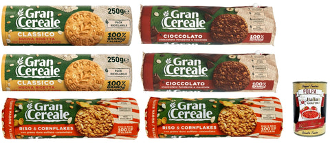 Mulino Bianco Gran Cereale Test Pack Classico Chocolate and Croccante Grain Cereals Biscuits Multi Cereals 6 x 250 g + Italian Gourmet Polpa 400 g