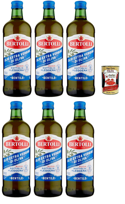 Bertolli Gentile Extra Virgin Olive Oil from Italy, 6 x 1 Litre Olive, Extra Virgin Olive Oil with a Sensitive Aroma + Italian Gourmet Polpa 400 g