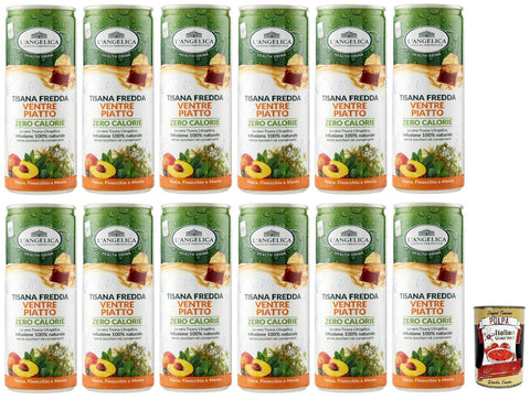 12 x L' Angelica Tisana a Freddo Ventre Piatto, cold herbal tea, taste of peach, fennel and mint, calorie free, sugar-free, disposable tin 240 ml + Italian Gourmet Polpa di Pomodoro 400 g tin