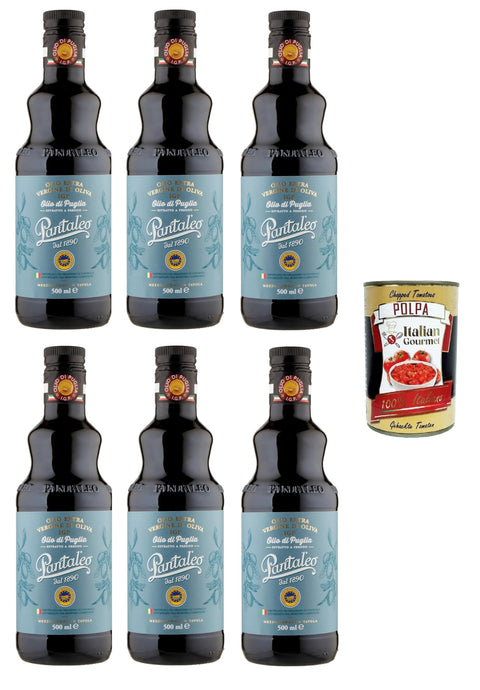 Pantaleo Olio Extravergine di Oliva IGP Olio di Puglia Extra Virgin Olive Oil PGI Oil from Puglia 6 x 500 ml + Italian Gourmet Polpa 400 g