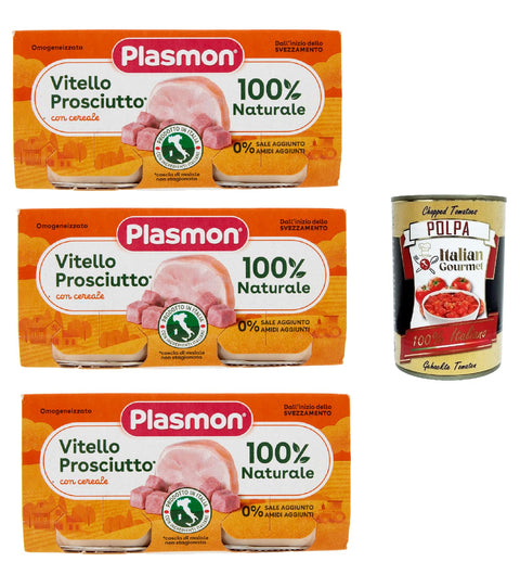 Plasmon Carne Vitello Prosciutto e Cereale 3x (2 x 80 g) with Italian Meat, 100% Natural, No Starches and Spaces Added + Italian Gourmet Polpa 400 g