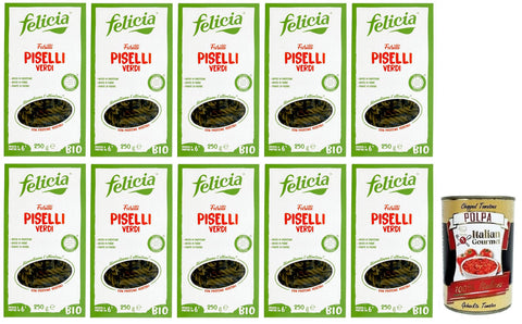 10 x Felicia Fusilli di Piselli Verdi, Pasta with 100% Green Peas from an Italian Supply Chain, Organic and Natural Gluten Free, Pack of 250 g + Italian Gourmet Polpa di Pomodoro 400 g Tin