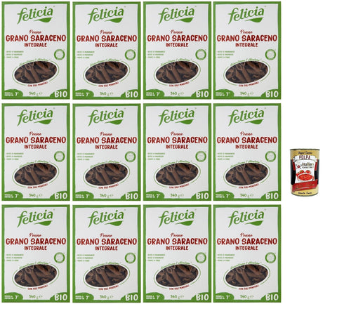 Felicia Penne di Grano Saraceno Integrale, Pasta with 100% Buckwheat, Naturally Gluten Free, Pack of 12 x 340 g + Italian Gourmet Polpa di Pomodoro 400 g Tin