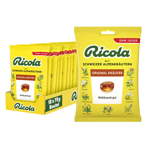 Ricola Original Herbs, 18 Bags Swiss Herb Sweets with 13 Swiss Alpine Herbs & Menthol, Sugar-Free, Soothing Good, 18 x 75 g, Vegan