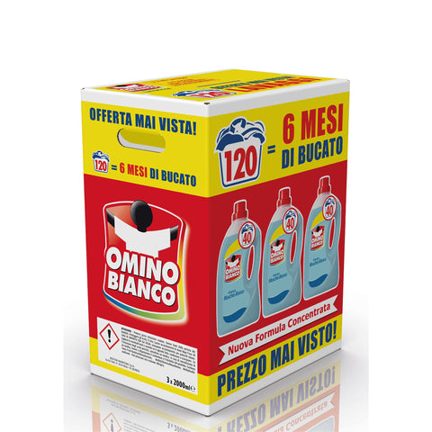 Omino Bianco - Liquid Washing Machine, 120 Washes, Respects Colours and Fabrics, Fresh Scent with White Musk Essence, 2000 ml x 3 Packs