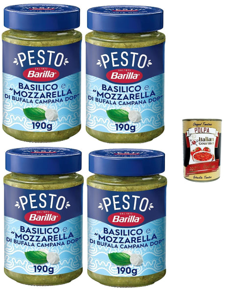 Barilla Pesto Basilico with Buffalo Mozzarella DOP, Gluten Free, 190 g, Pack of 4 + Italian Gourmet Polpa 400 g