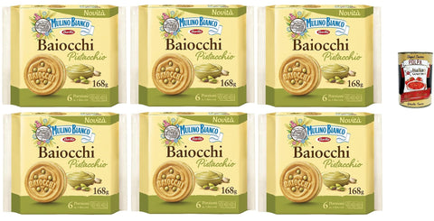 Mulino Bianco Baiocchi Pistacchio, Pistachio Biscuits, Pistachio Pastry, Biscuits with Pistachios and Shortcrust Dough, Ideal for Breakfast or Snack, Palm Oil Free, 6 x 168 g + Italian Gourmet Polpa