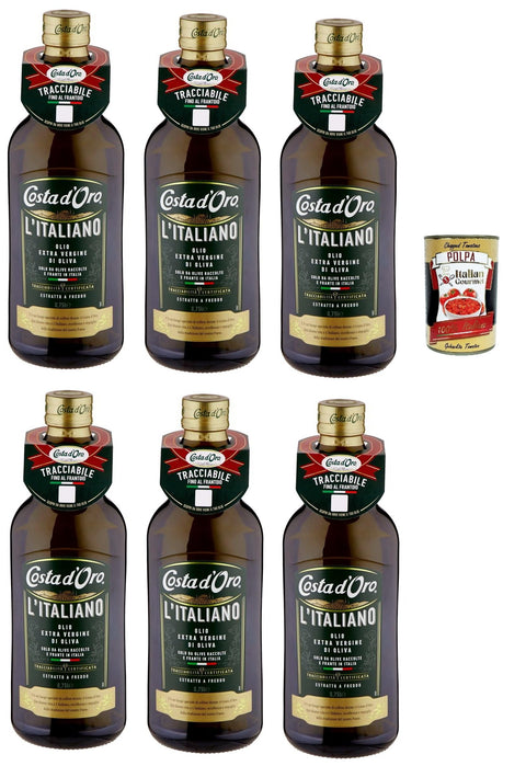 Costa d'oro l'italiano olio extra virgin di oliva, extra virgin olive oil 100% Italian, 6 x 1 litre + Italian gourmet polpa 400 g