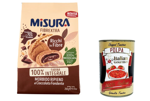 Misura Fibrextra Biscotti Integrali Ripieni di Cioccolato Whole Grain Biscuits Filled with Dark Chocolate, 100% Whole Grain Flour, Rich in Fibre, 260 g + Italian Gourmet Polpa 400 g, Pack of 6