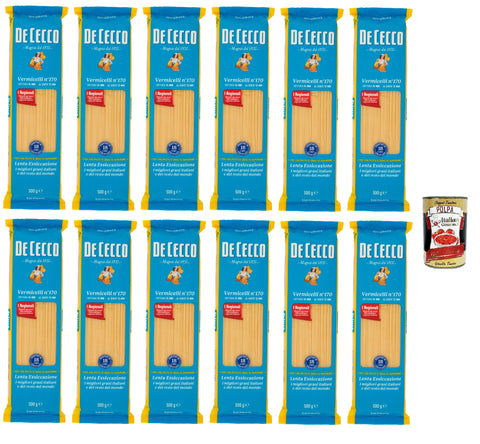 De Cecco Vermicelli No. 170, Pasta 12 x 500 g, Slow Drying, Durum Wheat Semolina, High Quality Cooking 14 min (al dente 12), Ideal Tomato & Seafood Sauces + Italian Gourmet Polpa 400 g