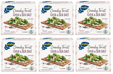 6 x Wasa Crunchy Twist Chia & Sea Salt, Whole Grain Cracker with Rye Flour, Chia Seeds and Sea Salt, 245 g + Italian Gourmet Polpa di Pomodoro 400 g Tin