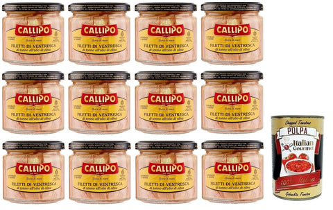 12 x Callipo Filetti di Ventresca di Tonno all'olio di oliva, Ventresca tuna fillets in olive oil, the most valuable part of tuna, glass 200 g + Italian Gourmet Polpa di Pomodoro 400 g tin